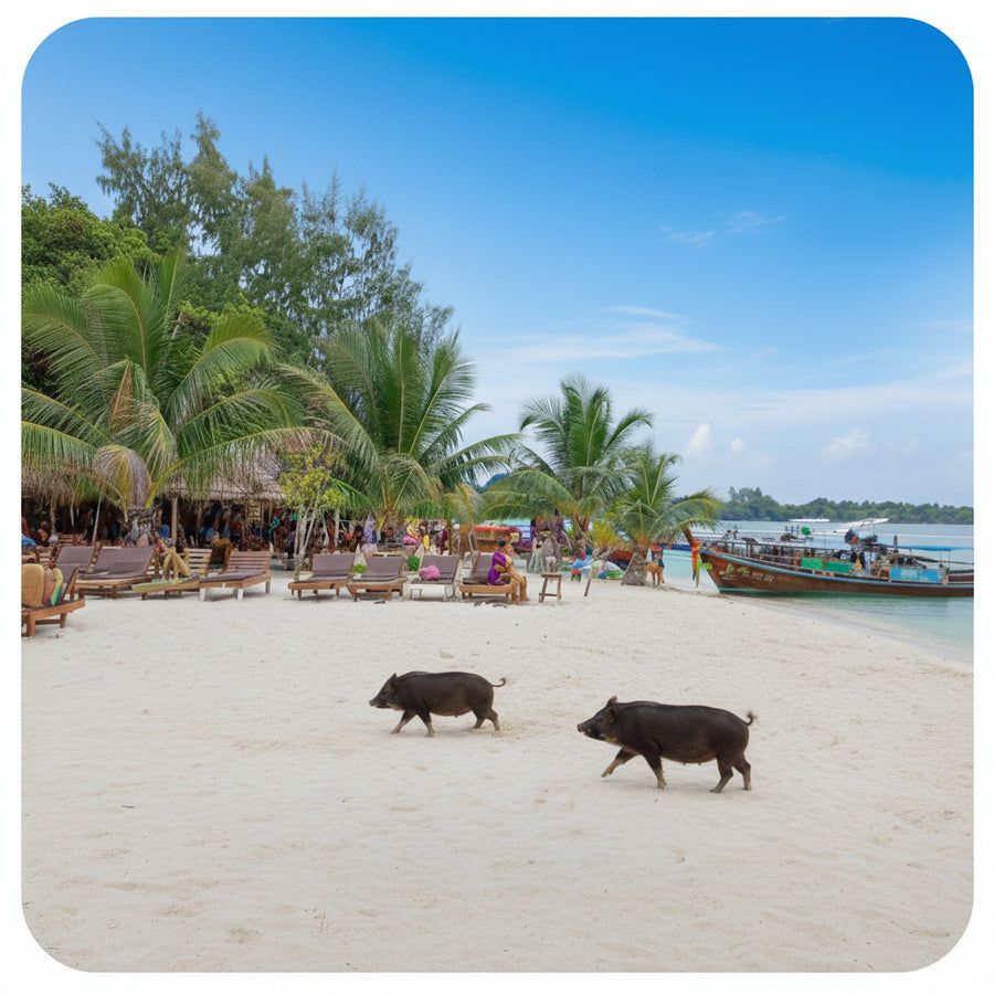 Small longtail boat with snorkelers in clear water near Pig Island, Koh Samui