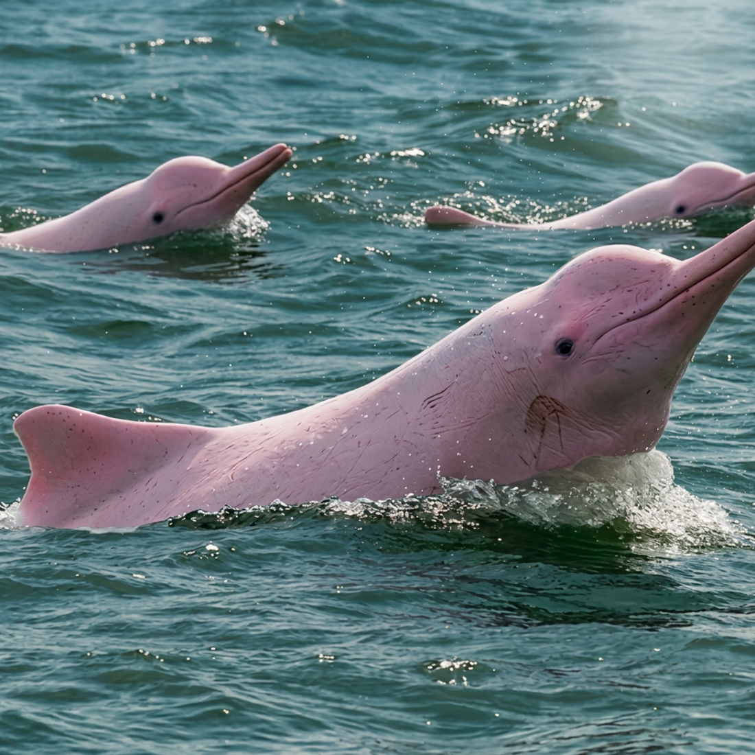 Pink dolphins surfacing off Khanom near Koh Samui