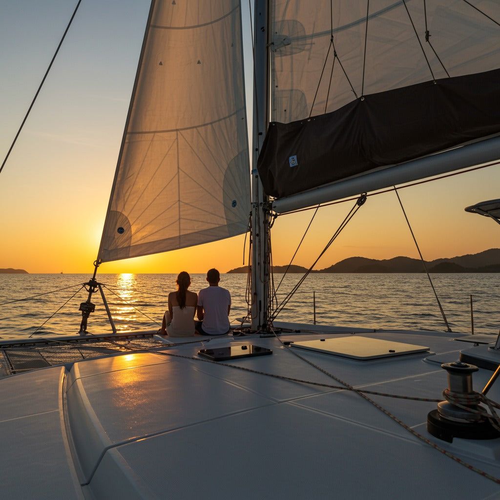 Couple on the bow of a sailing boat at sunset off Koh Samui