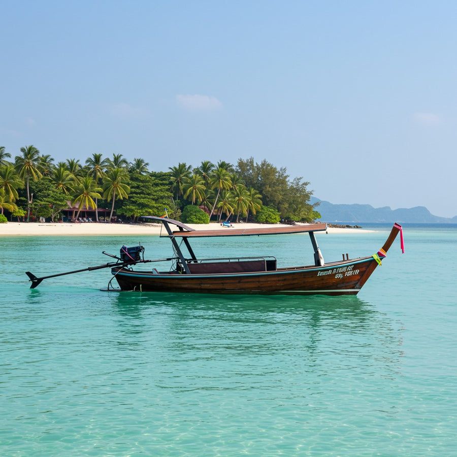 Silent electric longtail boat on calm water near Pig Island, Koh Samui