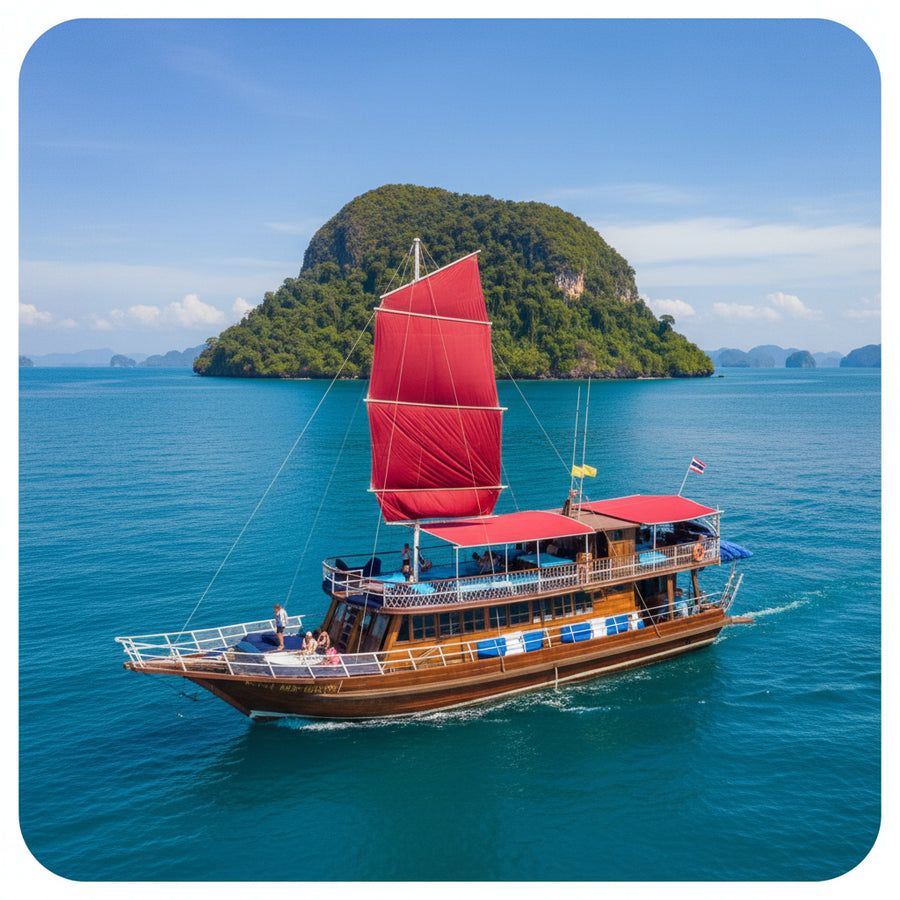 Sailing catamaran cruising past the limestone islands of Angthong Marine Park