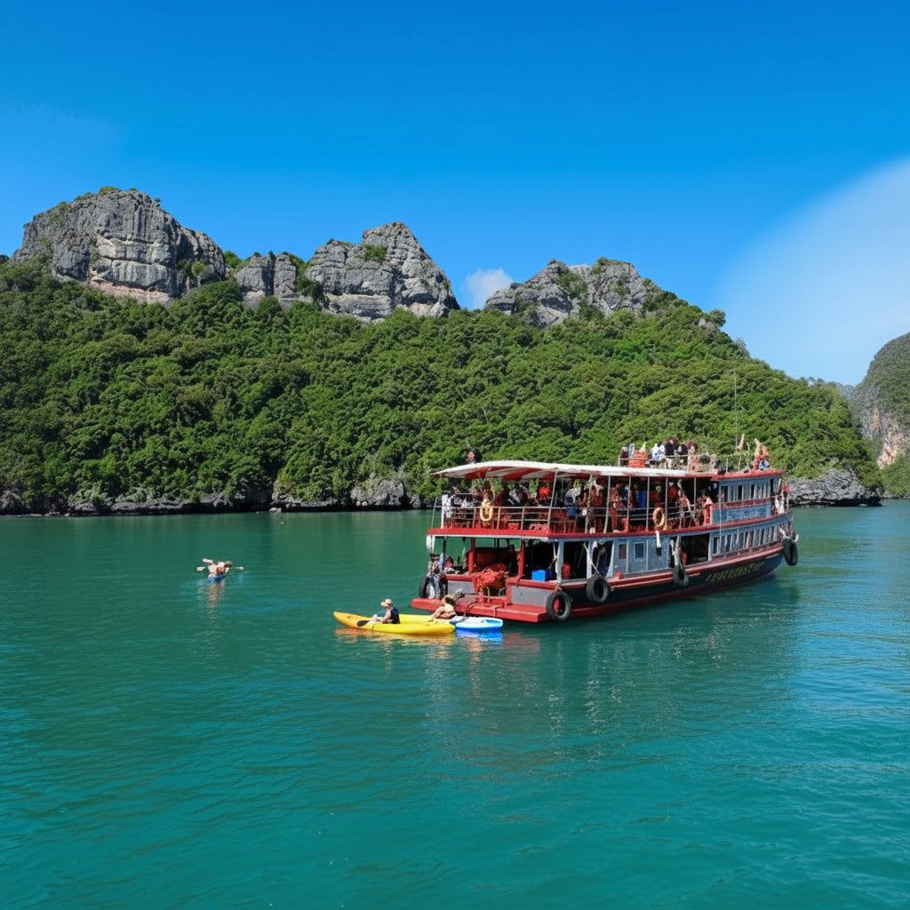 Big tour boat at Angthong Marine Park with limestone islands behind