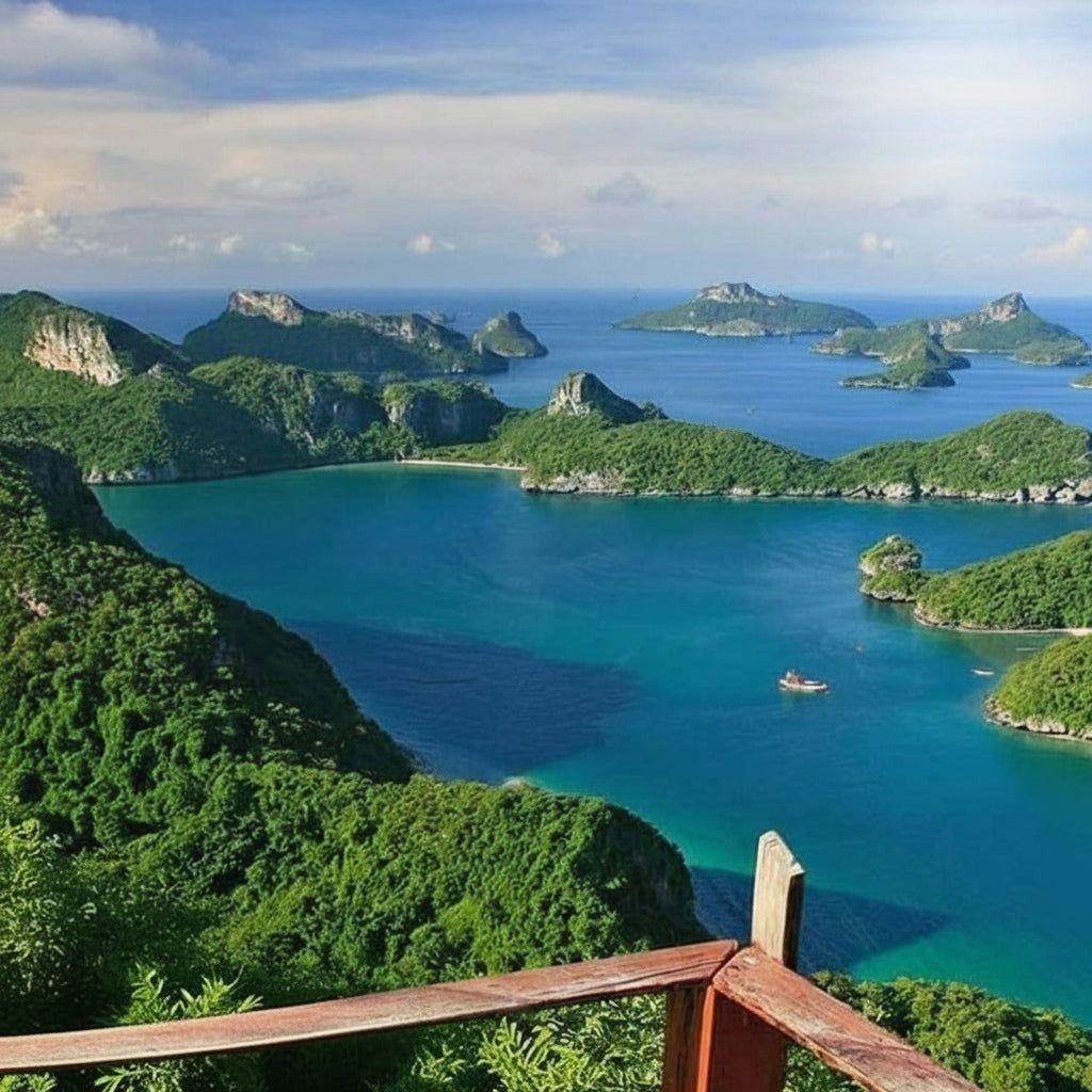 Angthong Marine Park emerald lagoon and limestone islands from a viewpoint