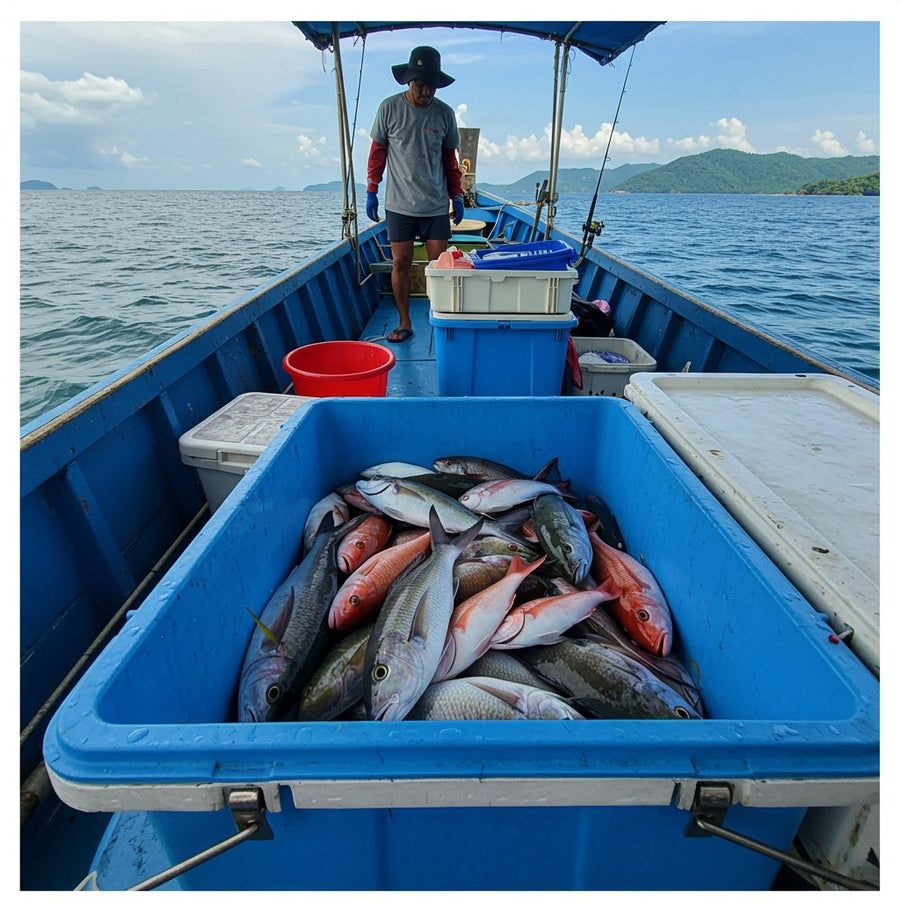 Traditional Thai fishing boat on the sea off Koh Samui with the day's catch