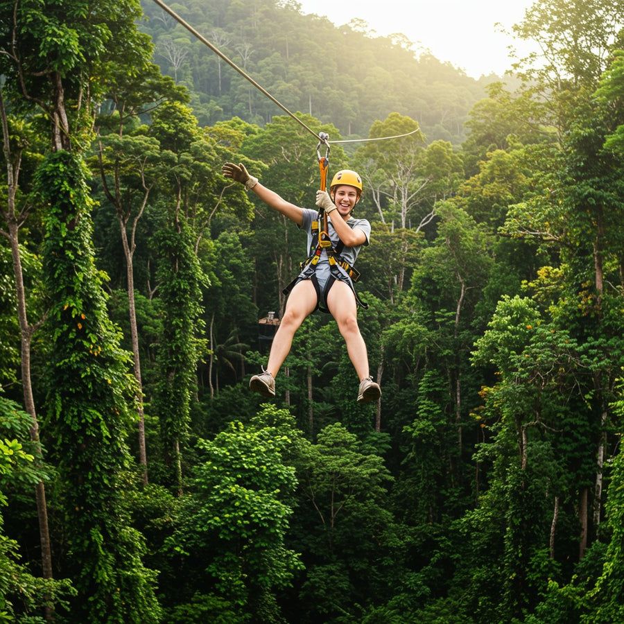 Zipline rider gliding through the jungle canopy in Koh Samui