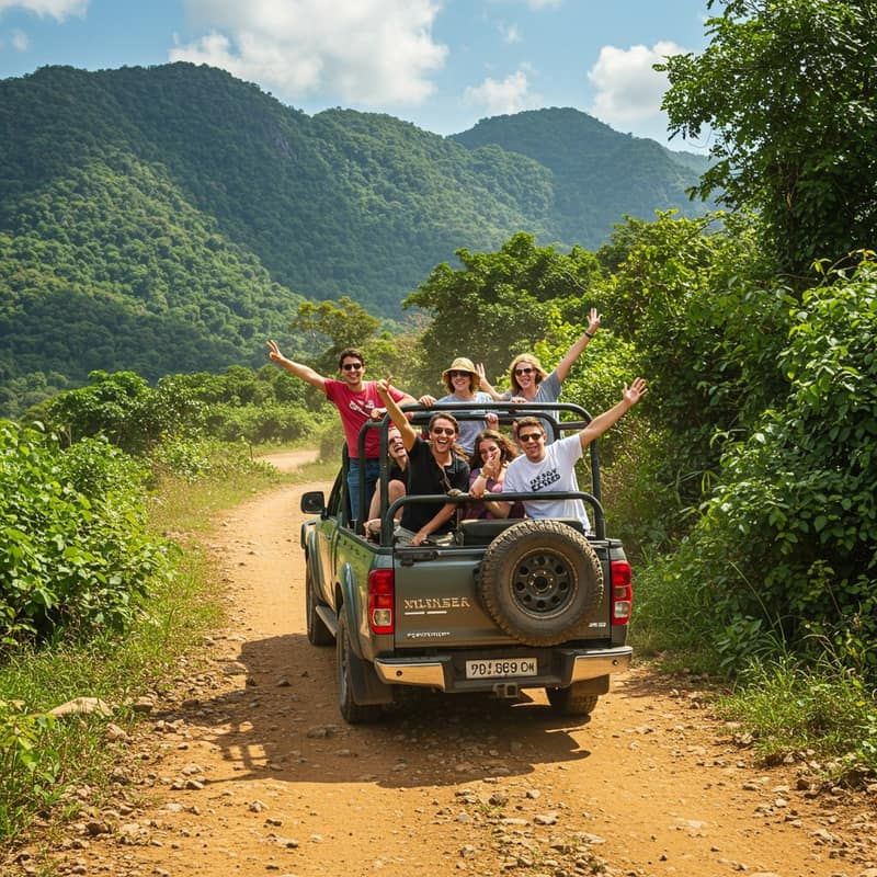4x4 safari pick-up truck with travellers on a jungle mountain road in Koh Samui